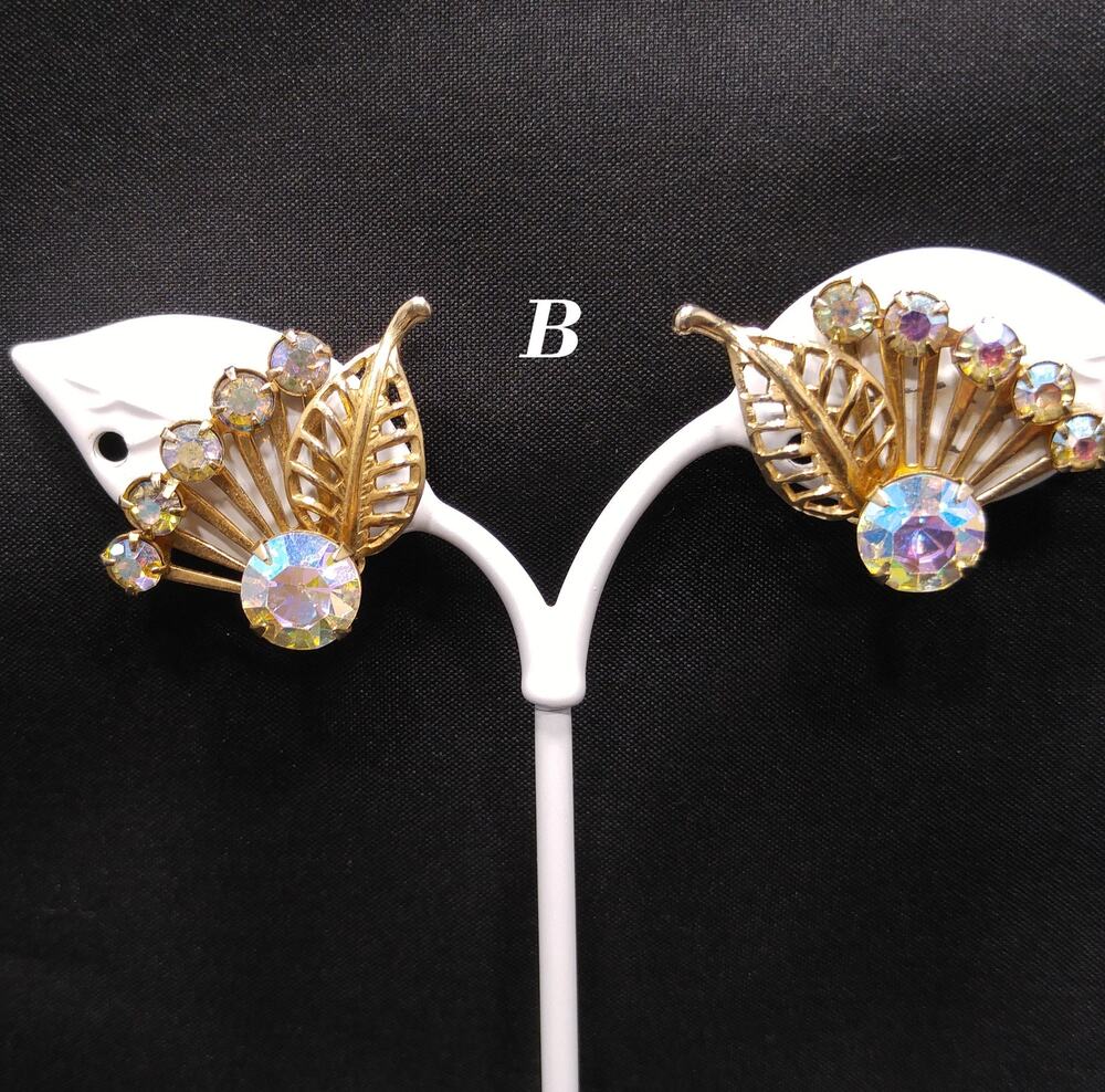 Vintage Leaf Ballou AB Rhinestone Earrings, Gold Plated, 1950s